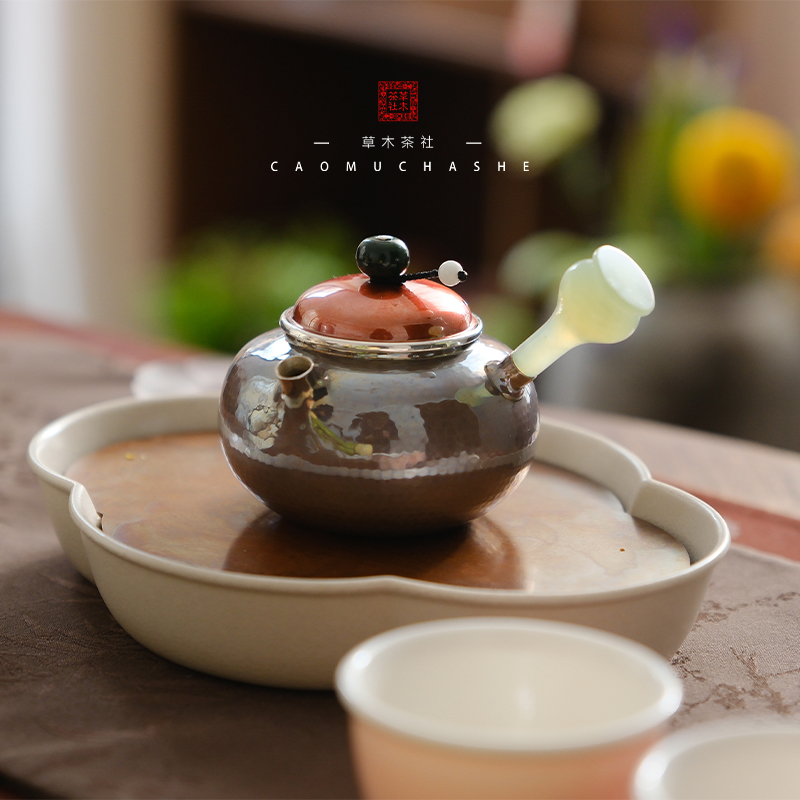 晚风绣坊 福容玉柄侧把紫皮银壶 999银泡茶壶 纯手工小银壶 150ML