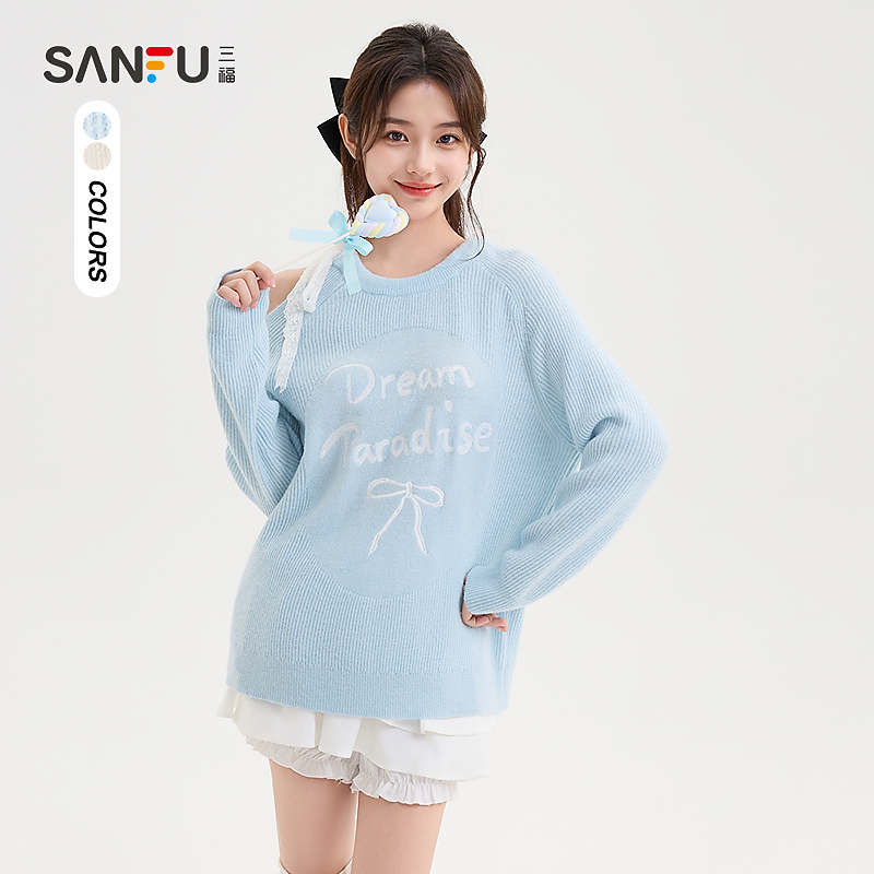 三福毛衣2024冬季蕾丝露肩绑带蝴蝶结英文圆领上衣女装491148