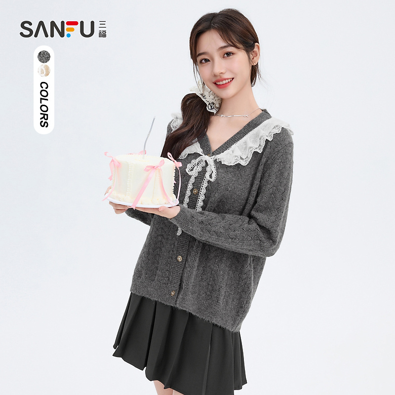 三福毛衣2024冬季蕾丝翻领拼接毛织开衫宽松上衣女装491064