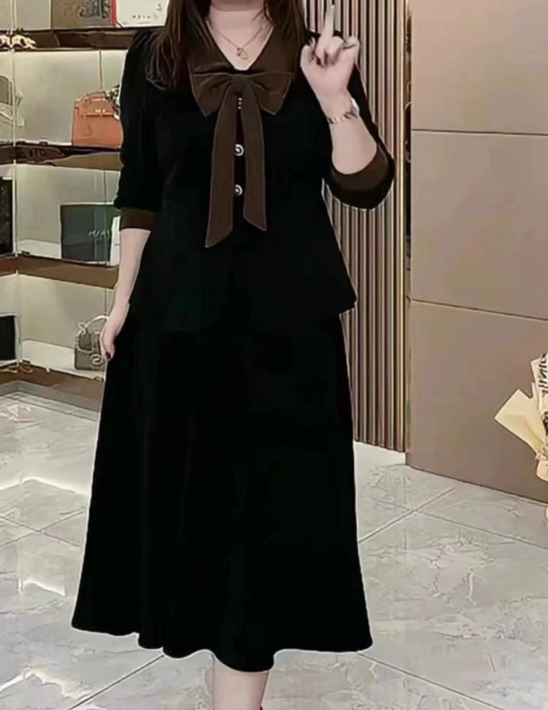 Mumu秋冬新款轻奢名媛大码蝴蝶结减龄显瘦气质款高级感分体裙套装