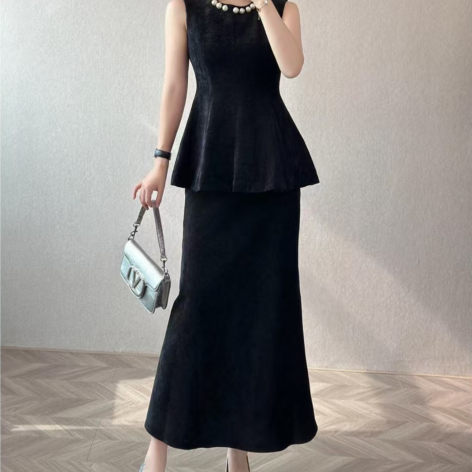 Mumu 2新款大码秋冬轻奢千金名媛大珍珠圆领时尚小香风三件套装裙