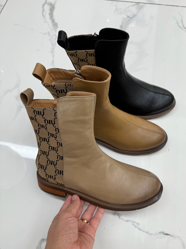 6161-8 全牛皮粗跟秋冬新款方头短靴加绒软底短筒瘦瘦靴