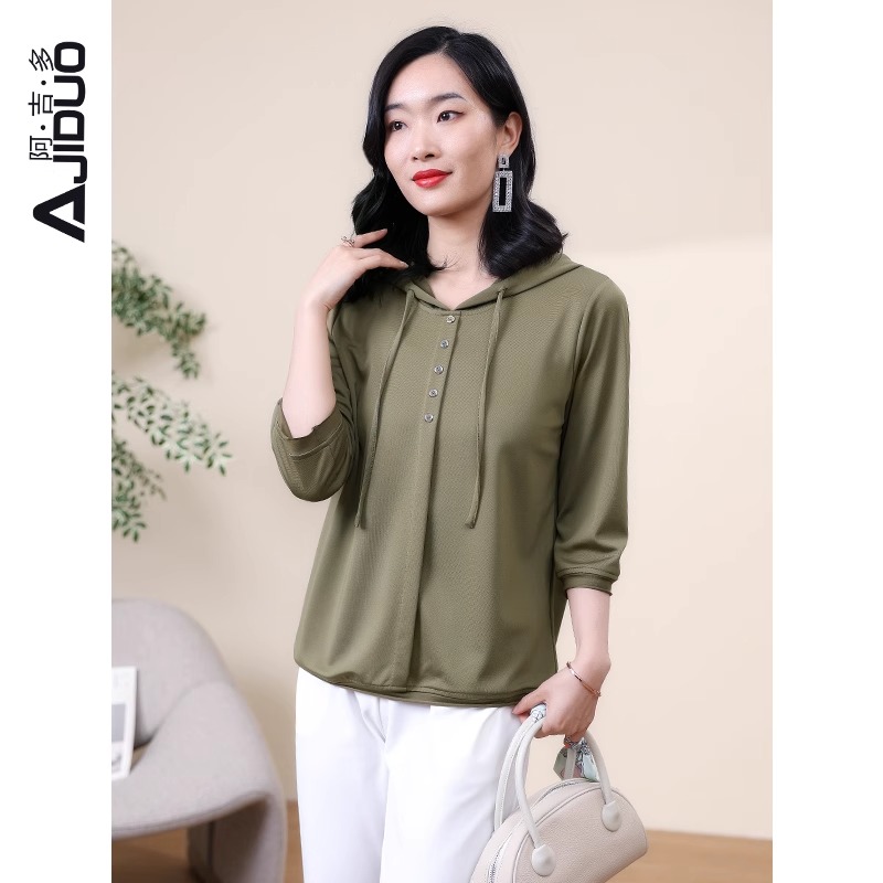 阿吉多连帽正肩t恤女春秋新款休闲七分袖垂感小衫大码宽松上衣