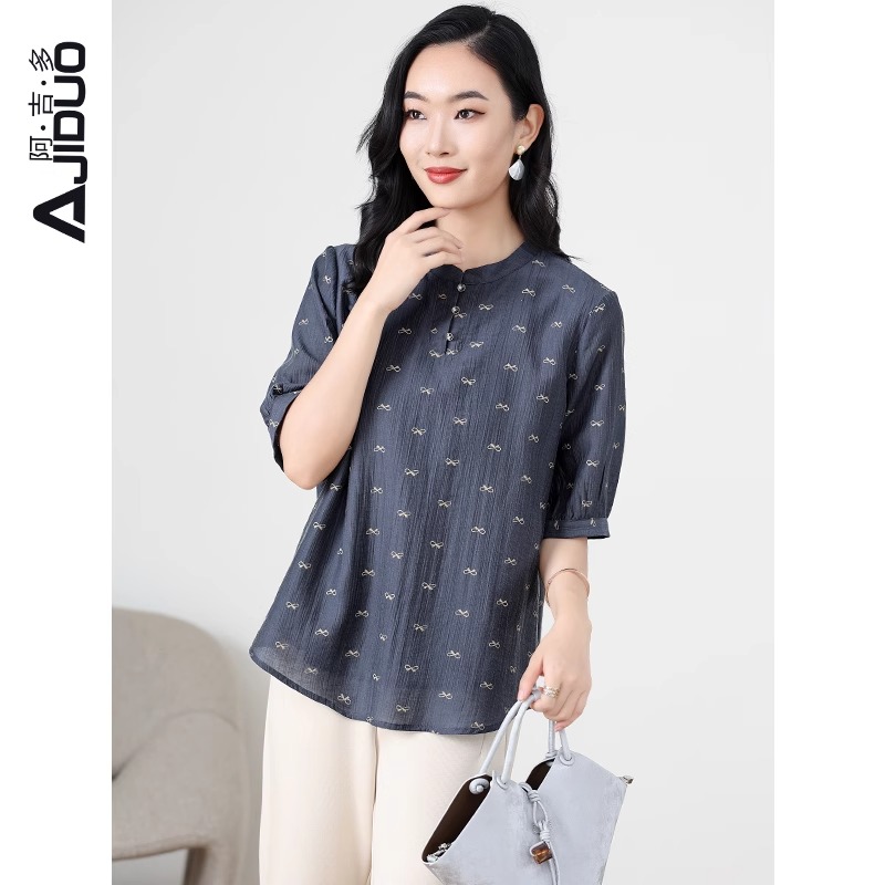 阿吉多复古气质蝴蝶结印花T恤2025夏装新款减龄时尚显瘦大码上衣