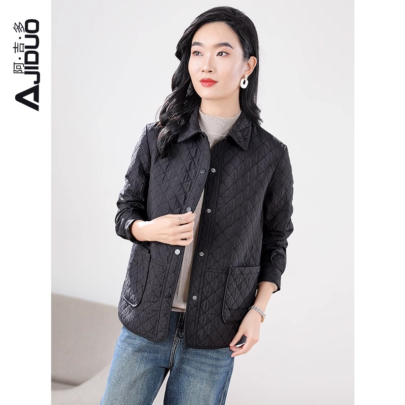 阿吉多A30256黑色外套新款秋冬季翻领长袖大码菱格纹复古高级上衣