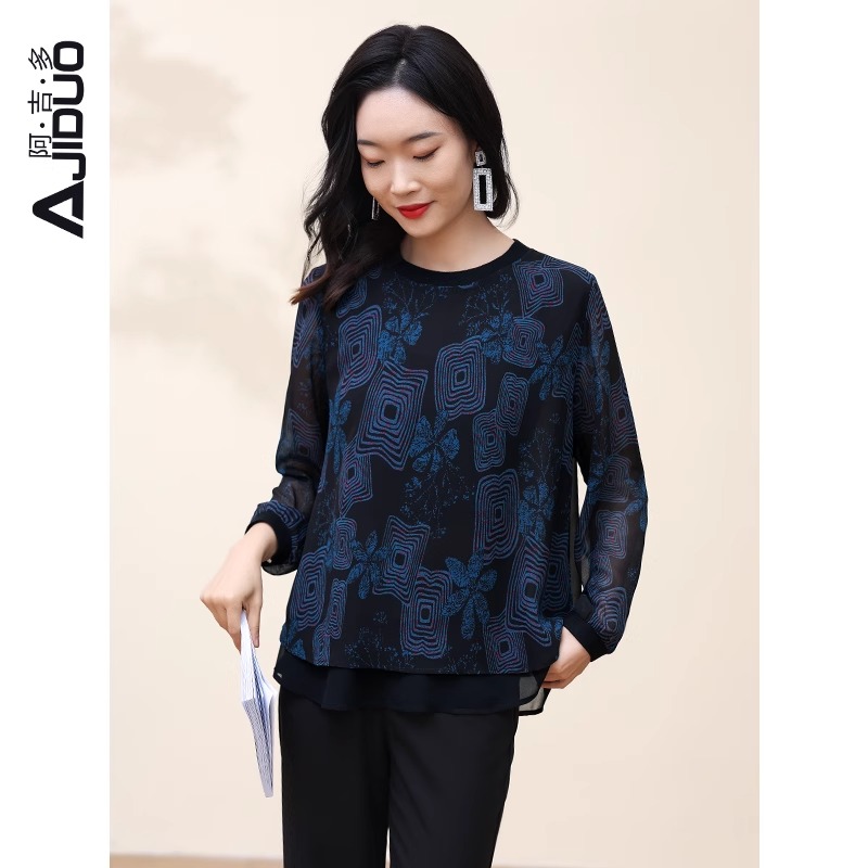 阿吉多蓝色气质雪纺衫女拼接时尚大码妈妈上衣春秋2024年新款小衫