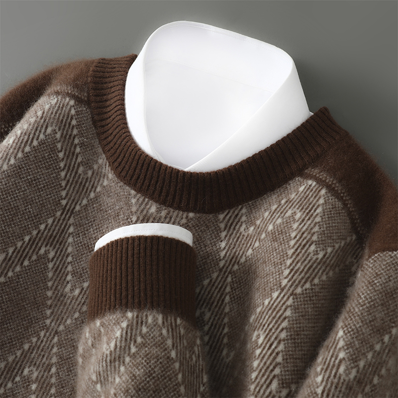 100%纯羊毛衫男士圆领拼色加厚针织套头毛衣长袖宽松大码商务打底