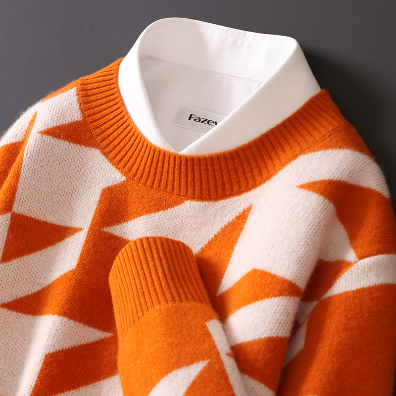 经典百搭款纯羊毛衫男士圆领千鸟格拼色针织加厚套头毛衣宽松打底