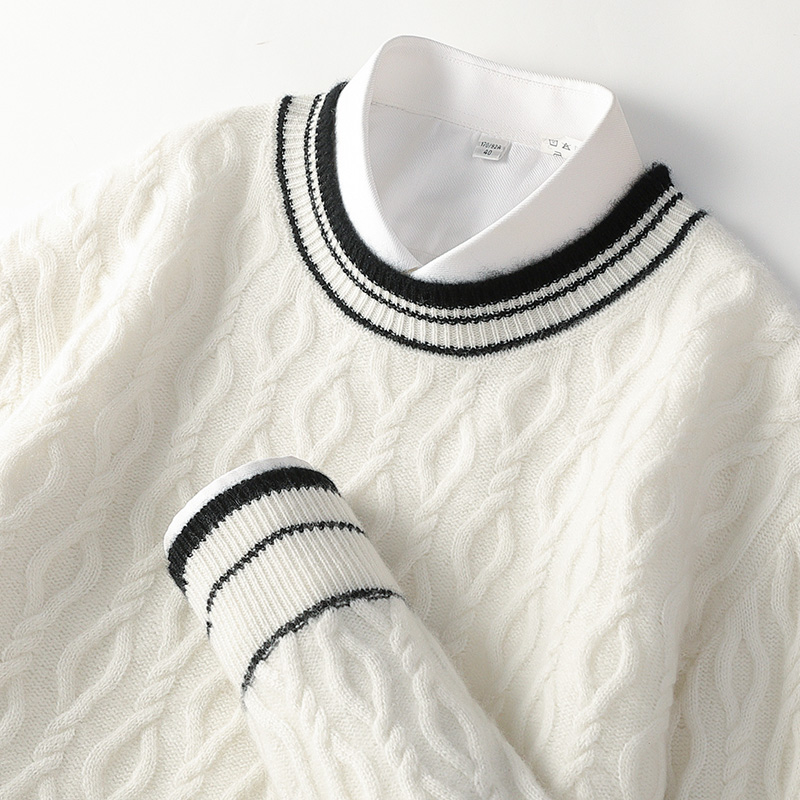 男士简约修身时尚洋气毛衣秋冬新款百搭撞色提花加厚圆领针织衫