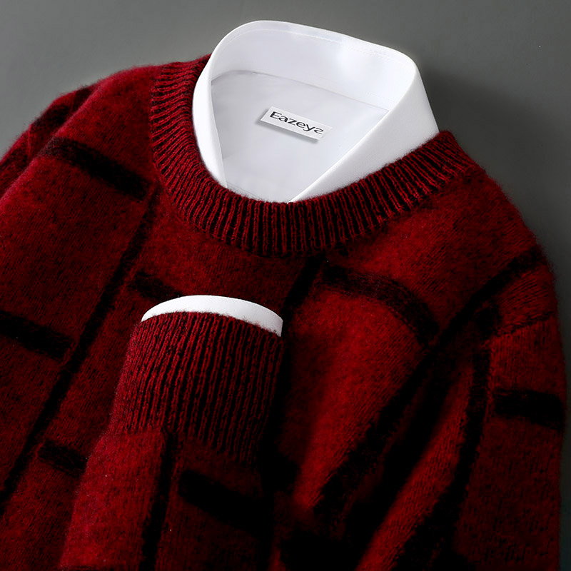 本命年红色羊毛衫男士圆领拼色加厚针织套头毛衣宽松大码商务打底