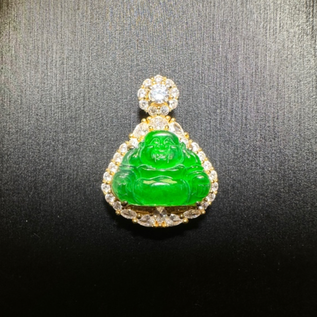 天然A货翡翠925银镶嵌精致佛公吊坠满绿翡翠佛吊坠满阳绿翡翠吊坠
