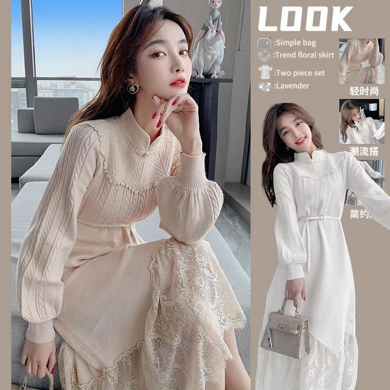 立领针织连衣裙女秋冬新款复古气质减龄收腰中长款内搭旗袍毛衣裙