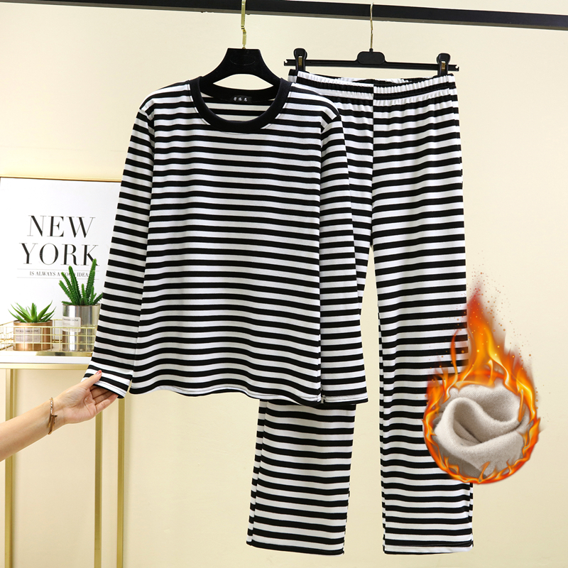 德绒黑白条纹家居服套装女长袖睡衣睡裤宽松休闲可外穿两件套秋冬
