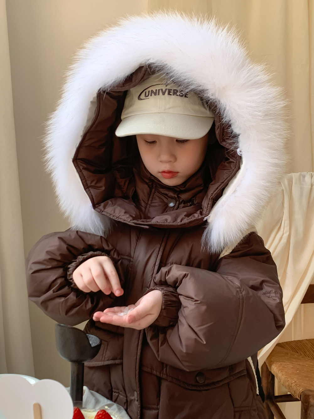 加厚连帽童羽绒服2023冬款女童韩版纯色大毛领外套儿童中长款过膝