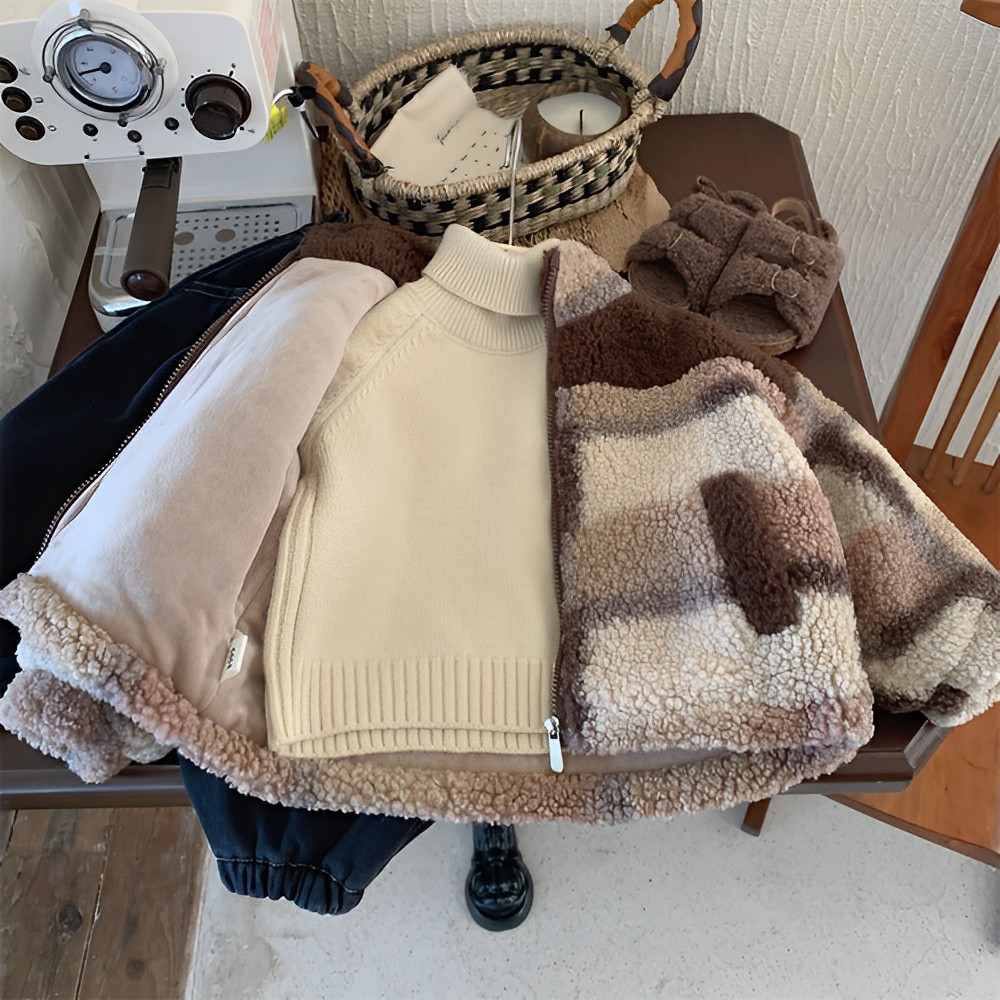 拼接男童加绒外套23新款洋气儿厚上衣羊羔绒秋冬装男孩帅气毛毛衣