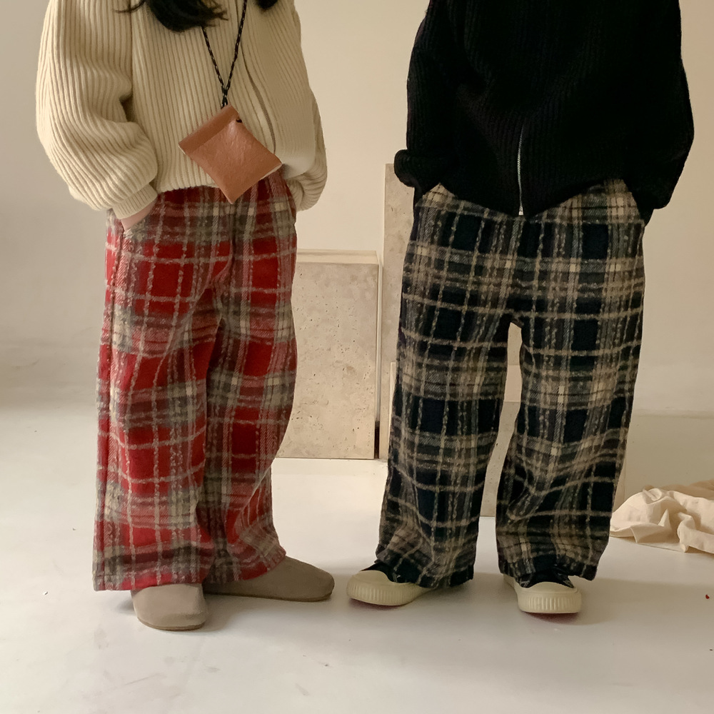 冬季棉裤加绒裤子2023冬款男童女童韩版毛呢格子直筒裤休闲阔腿裤