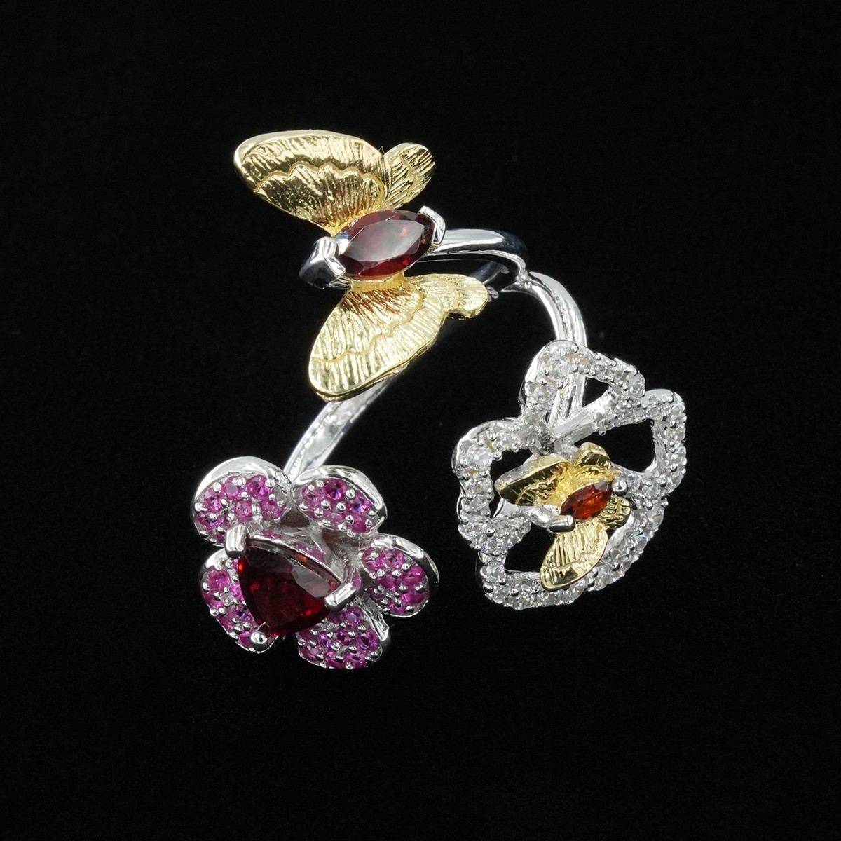 石榴石蝴蝶花戒指925银-W409