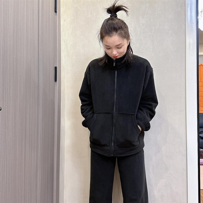 新品海豚加厚立领加绒大口袋套装23108时尚休闲春秋百搭黑色宽松