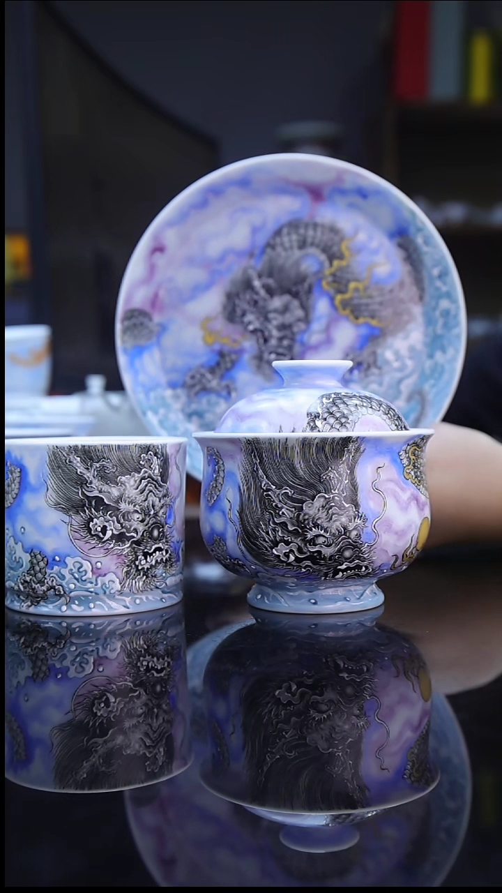 景德镇全手绘茶具神龙三件套