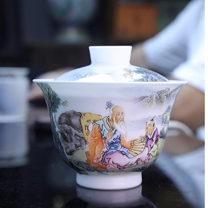 景德镇全手绘粉彩老子授业盖碗