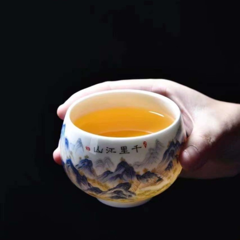 陶公子羊脂玉主人杯品茗杯功夫茶杯个人杯单杯豪华千里江山图_珠宝文玩