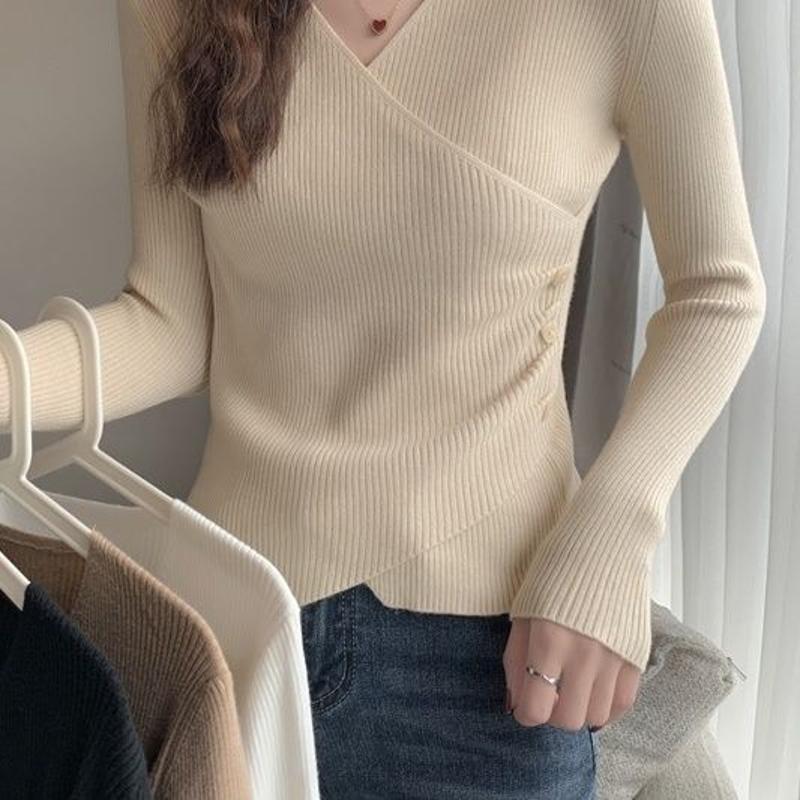 秋冬新款v领女士针织上衣小众别致内搭长袖打底衫洋气百搭毛衣