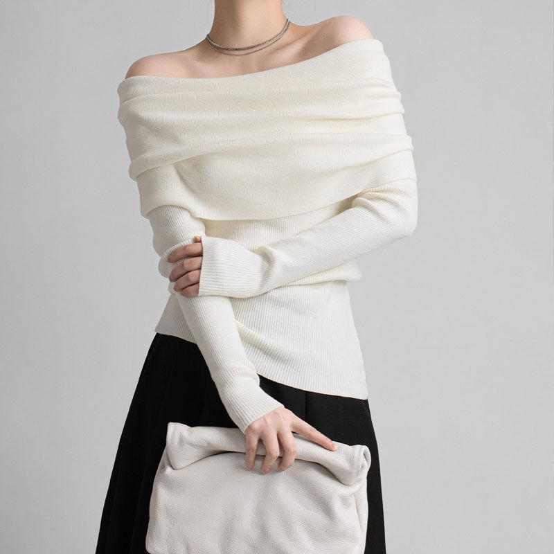 白色一字肩露肩打底衫女内搭针织毛衣秋季修身显瘦甜辣长袖上衣潮