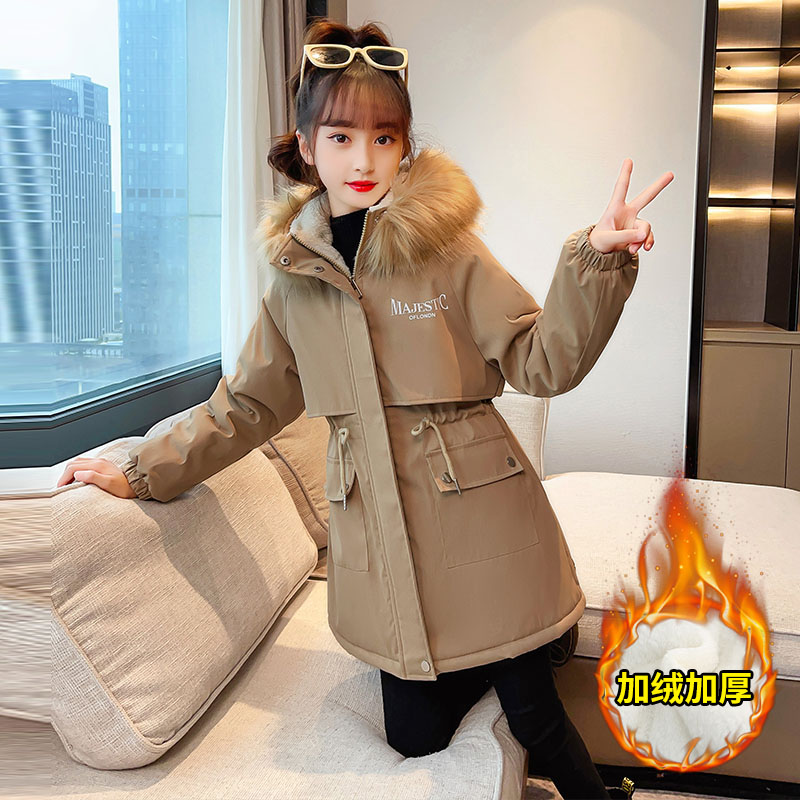 女童派克服秋冬新款小女孩中长款加绒外套学生外穿宝宝加绒外套