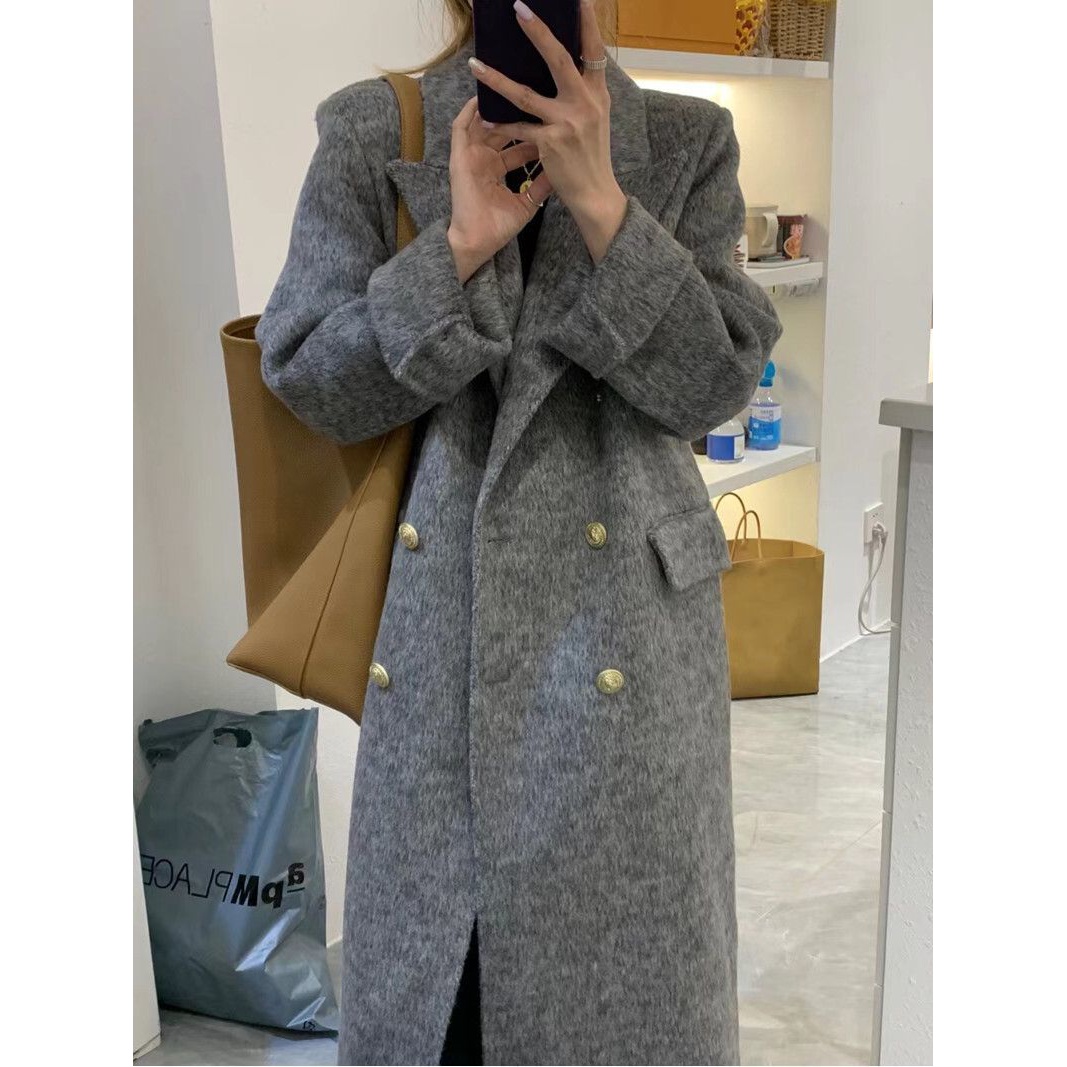 过膝中长款加厚毛呢外套潮灰色西装领呢子大衣女秋冬新款高级时尚