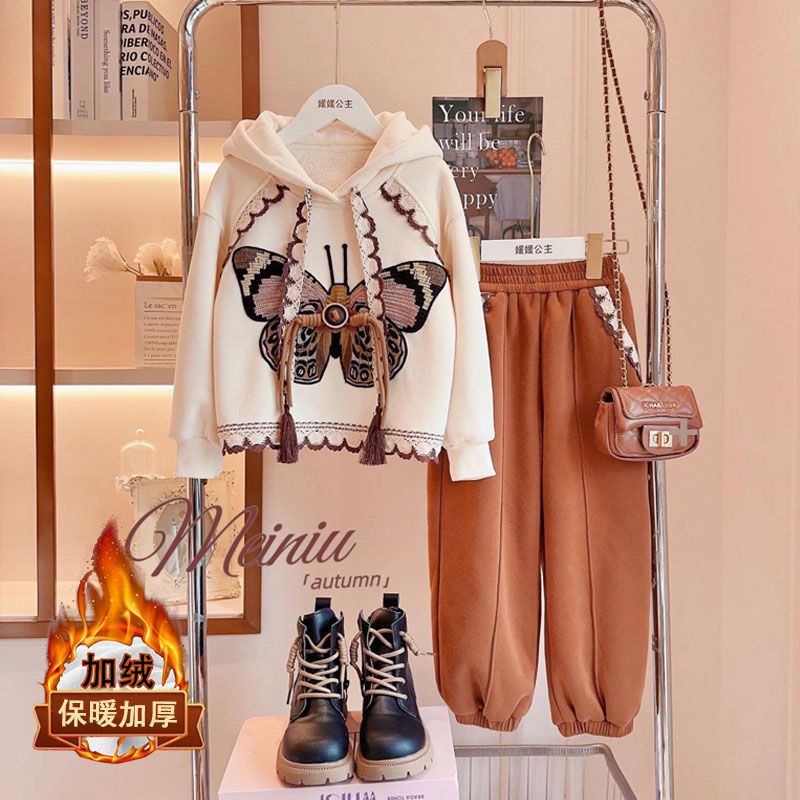 女童秋冬套装2024中大儿童加绒加厚连帽休闲运动套装儿童深秋衣服