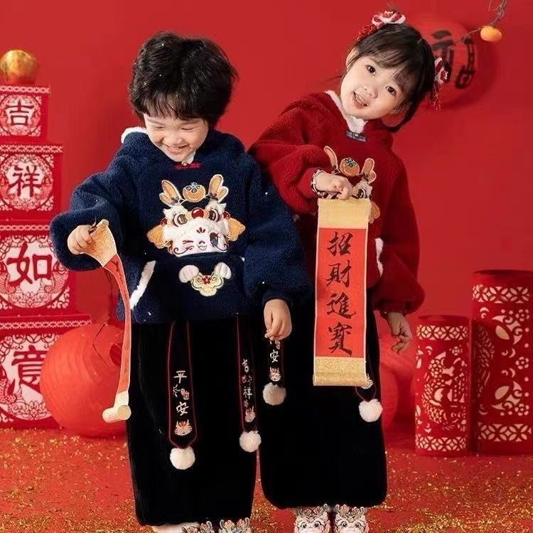 儿童套装冬季加绒加厚龙年拜年服女童中国风姐弟卫衣宝宝过年衣服