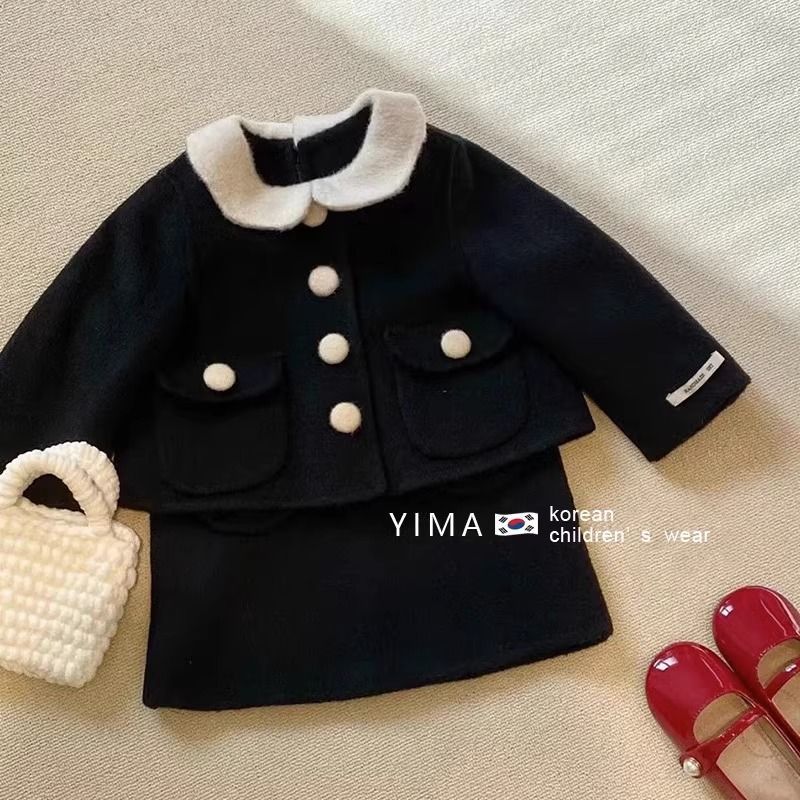 韩范童装女童洋气时髦黑色套装冬装儿童气质小香风毛呢外套背心裙