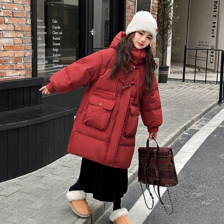 女童冬装长款棉服2025蛇年本命年拜年服衣服棉衣红色过年棉袄12岁
