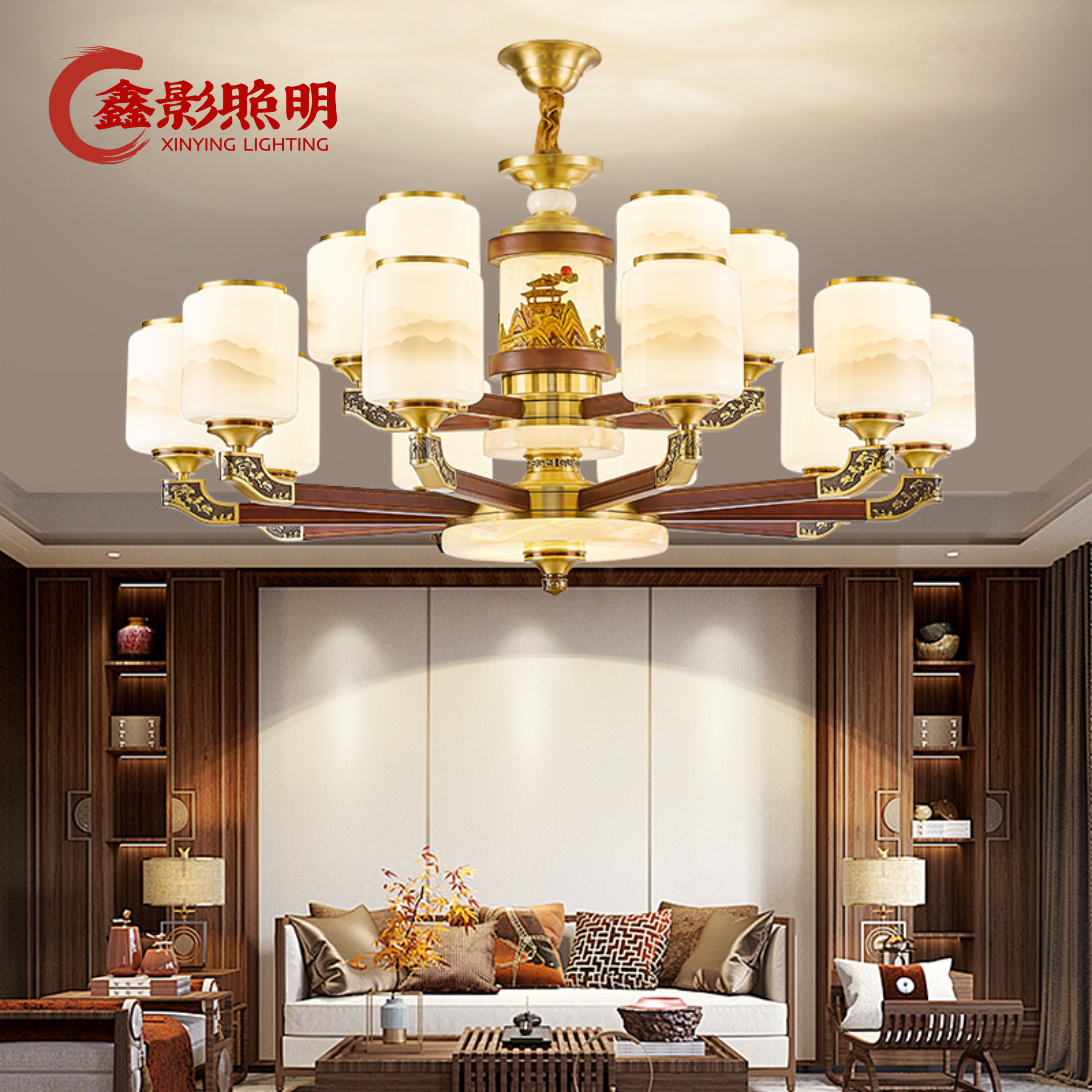 新中式客厅吊灯别墅复式楼全铜实木吊灯中国风高端大气大厅灯具