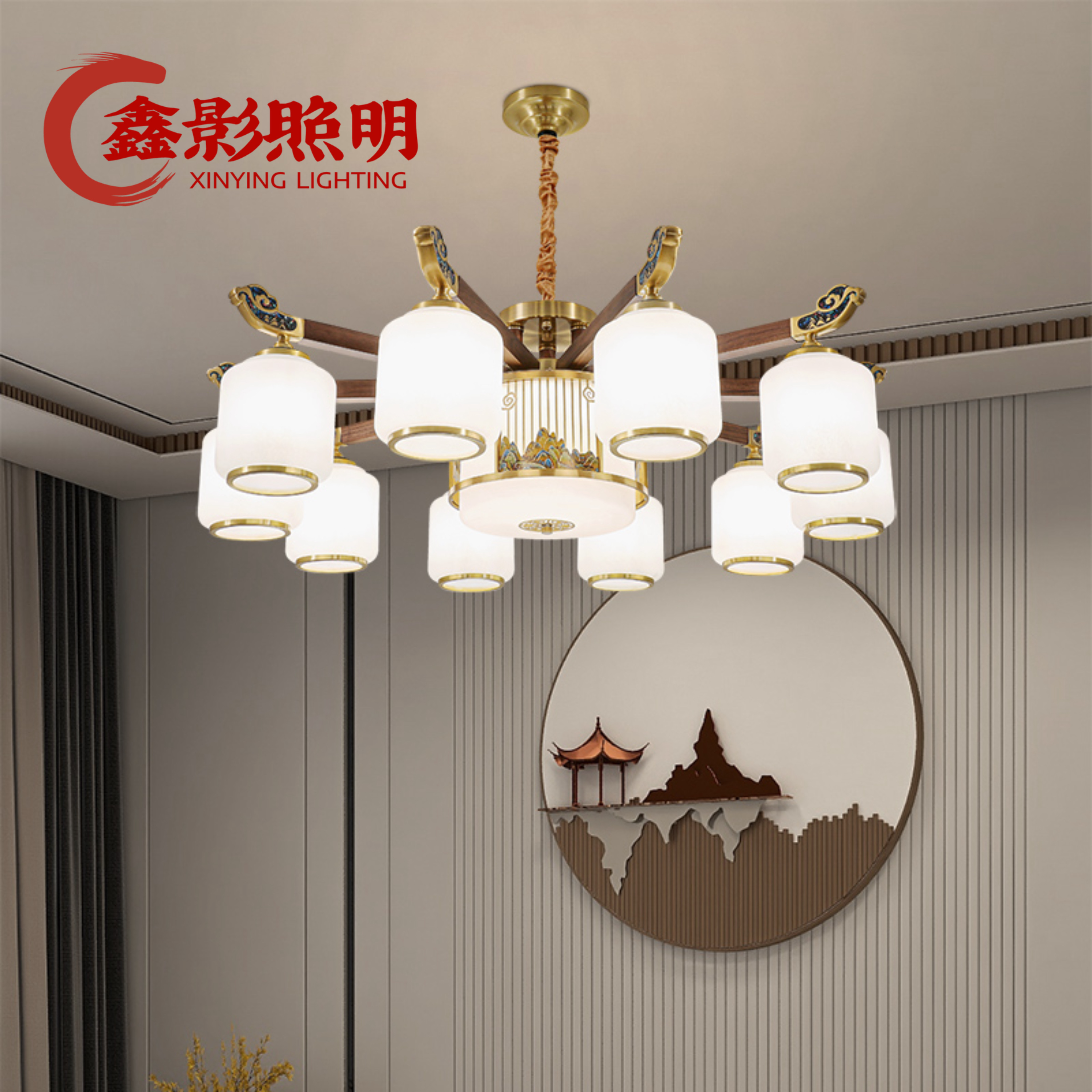 新中式客厅吊灯别墅复式楼全铜实木餐厅灯中国风高端大气大厅灯具