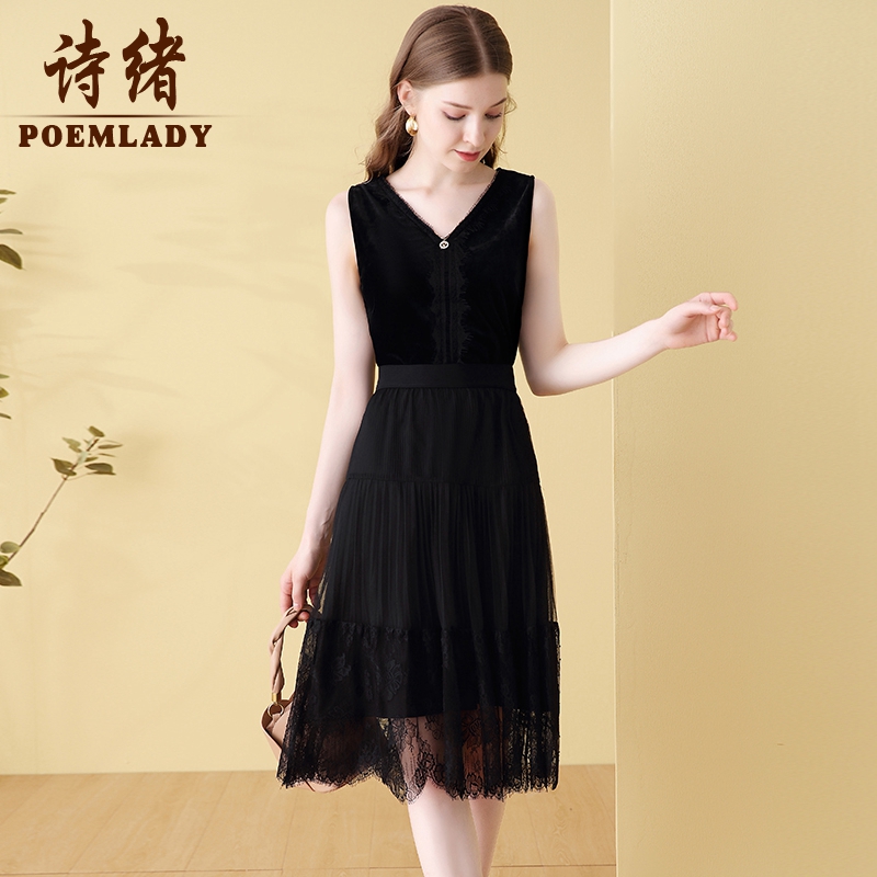 POEMLADY诗绪60281无袖V领黑色背心女秋季2022年新款蕾丝内搭上衣