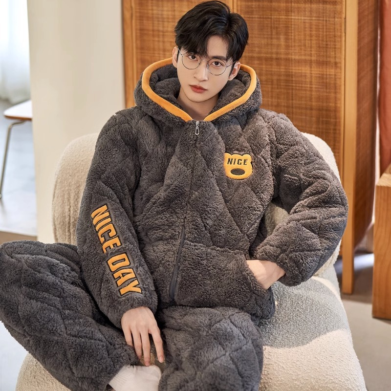 睡衣男士秋冬季加绒厚三层夹棉袄超厚保暖套装冬天大码开衫家居服
