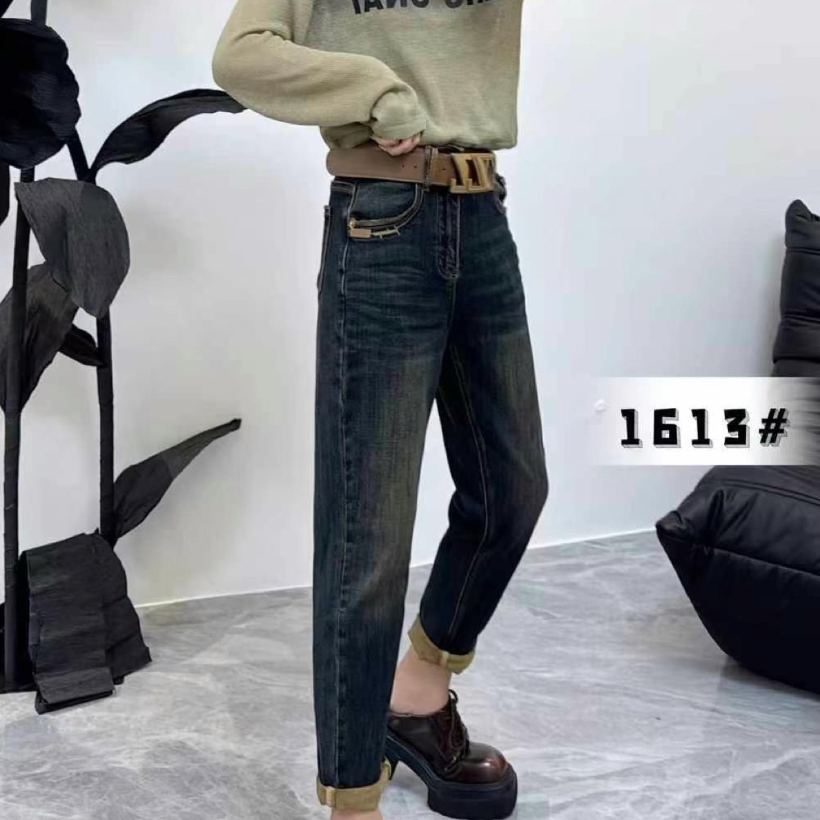 p1613-字母刺绣弹力高腰显瘦垮裤