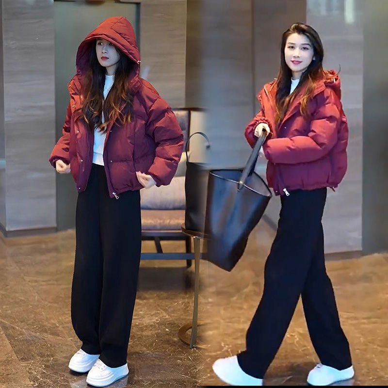 面包服冬季新款爆款红色高级感小个子连帽羽绒服外套