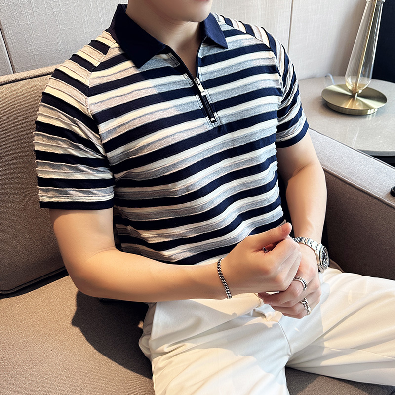 男士Polo衫凹凸设计条纹夏季薄款半袖拼色商务休闲风翻领短袖T恤