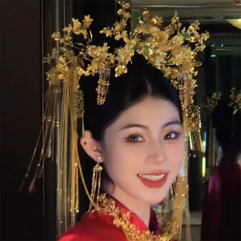 予禧-15247新娘大气饰中式黄色古风汉服秀禾服龙凤褂流苏发饰品