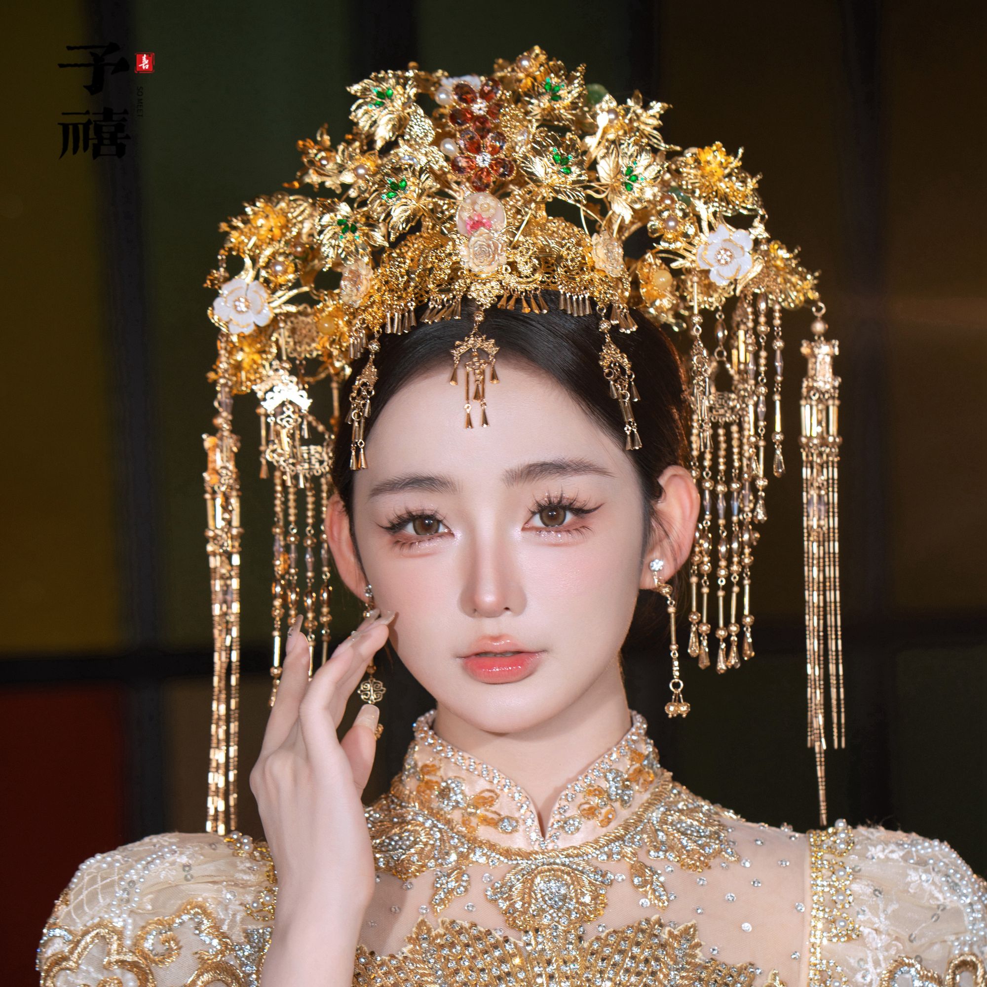 予禧-15238新娘大气饰中式黄色古风汉服秀禾服龙凤褂流苏发饰品