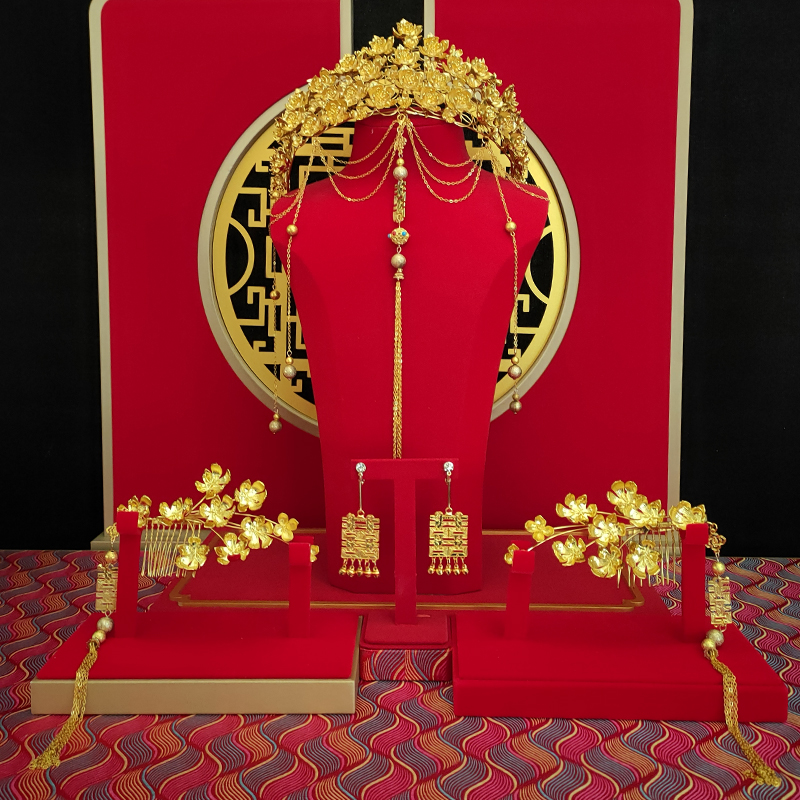 15288喜看优选新娘饰中式黄色古风汉唐汉服秀禾服龙凤褂流苏发饰