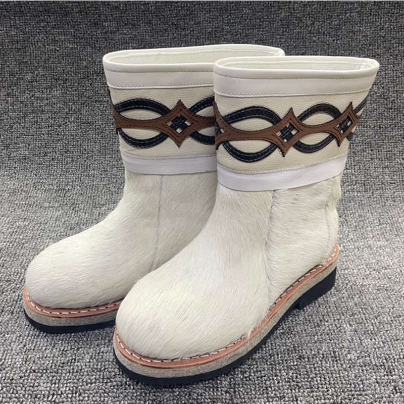 623-1白色女士马皮雪地靴皮靴蒙靴东北棉靴靴子短筒厚底民族风.