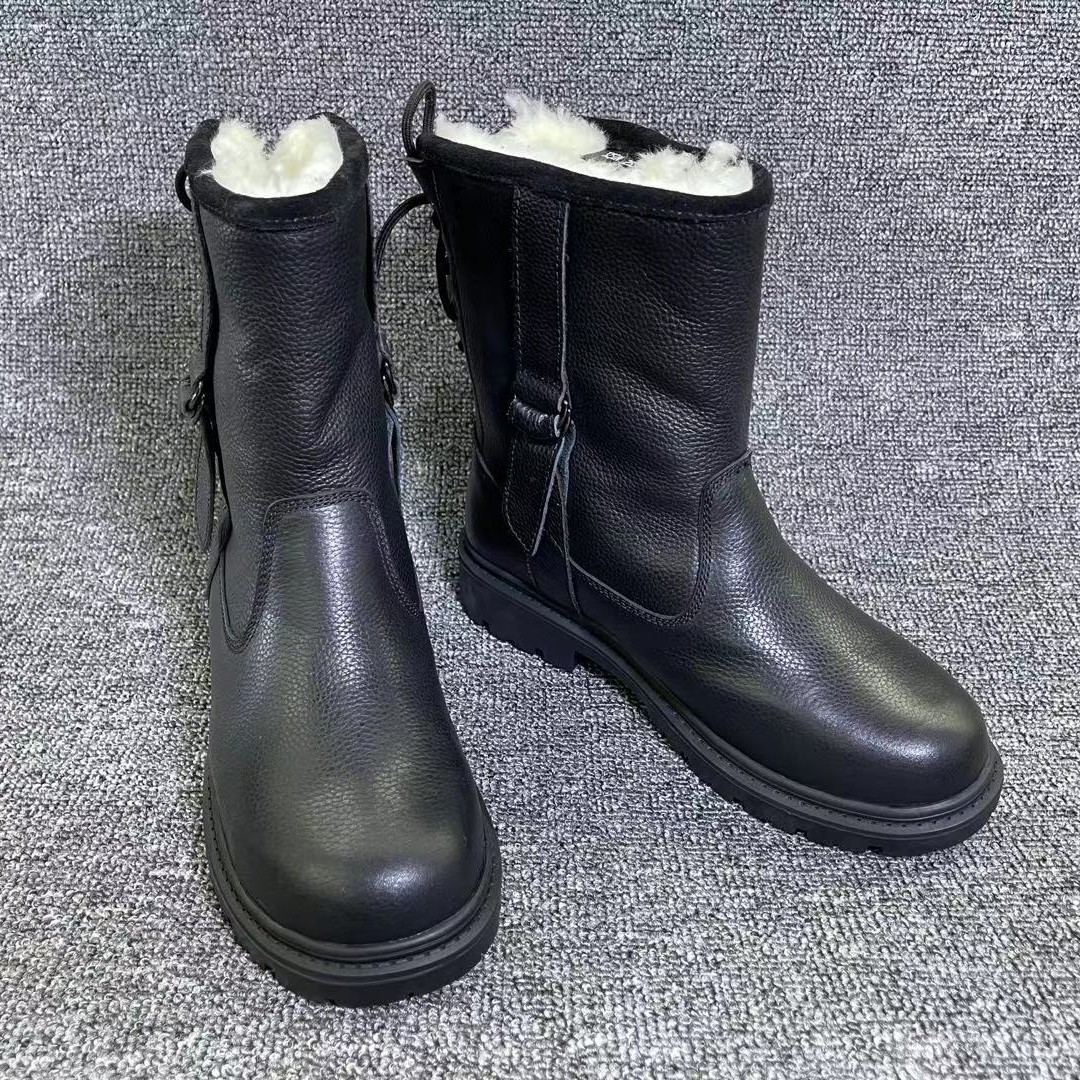 325男士冬季短筒雪地靴绵羊毛靴筒时尚休闲百搭黑色厚底皮靴中筒