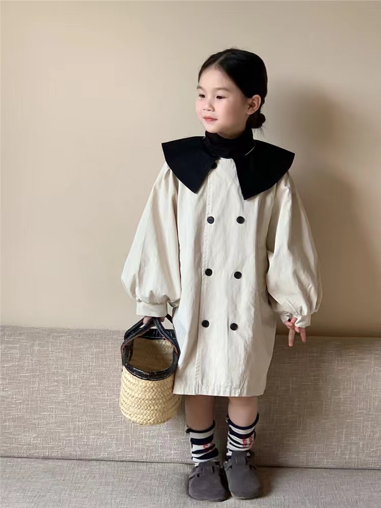 泡泡袖大翻领风衣韩系女童秋冬新品中长款纯色双排扣外套