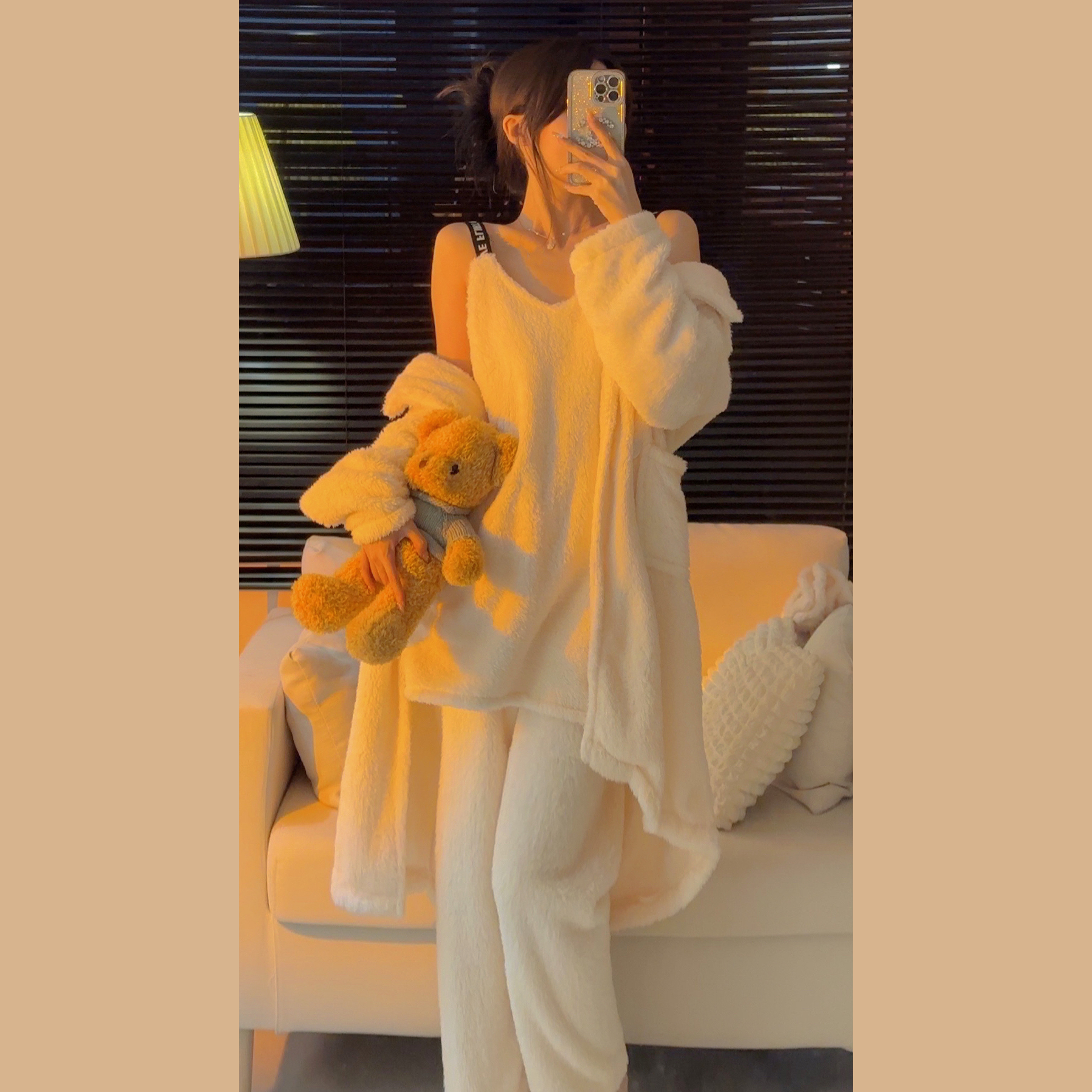 【冬日绵绵】四件套裙子+外袍+裤子+发带加绒加厚睡衣女家居服秋冬 