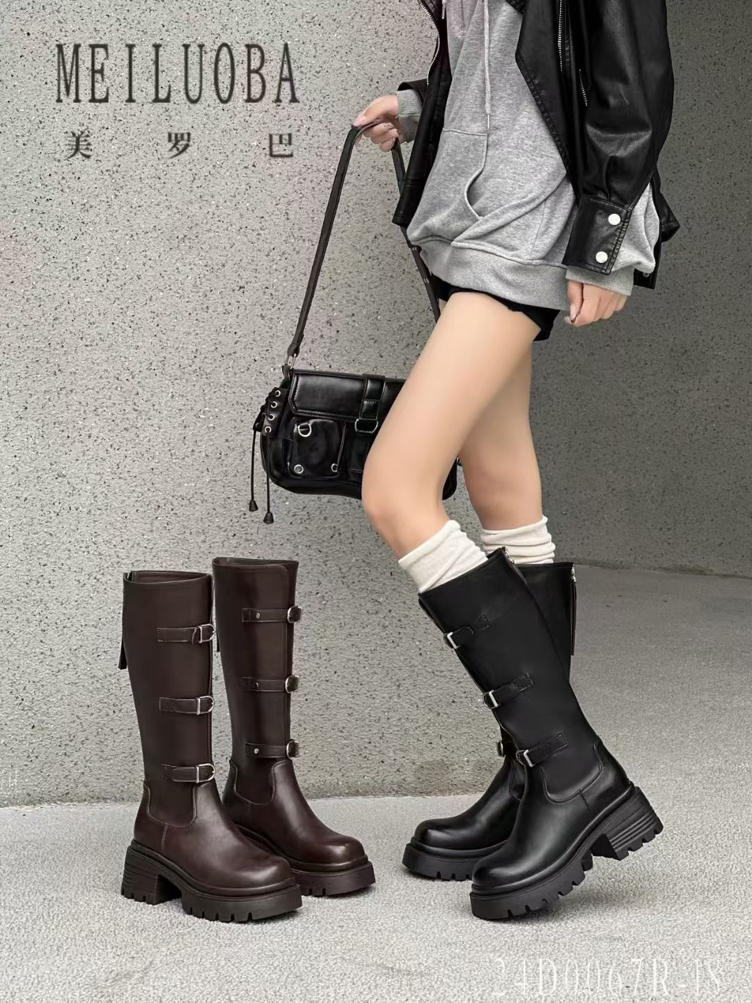 皮带扣长靴女二四年秋冬新款复古厚底增高不过膝长筒骑士靴美罗巴