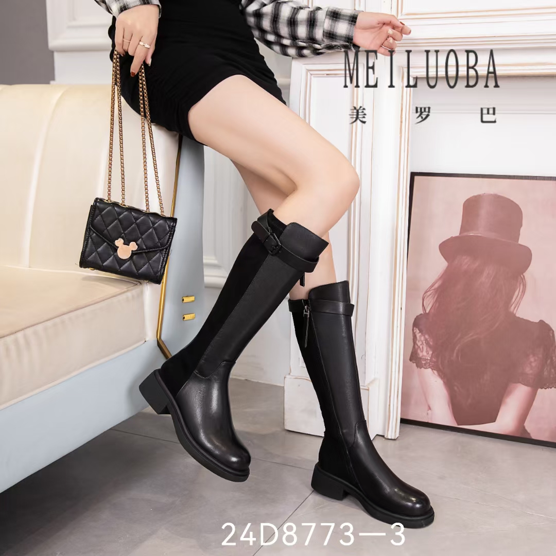 厚底真皮长靴24年新款秋冬显瘦英伦风皮带扣骑士靴高筒靴[美罗巴]