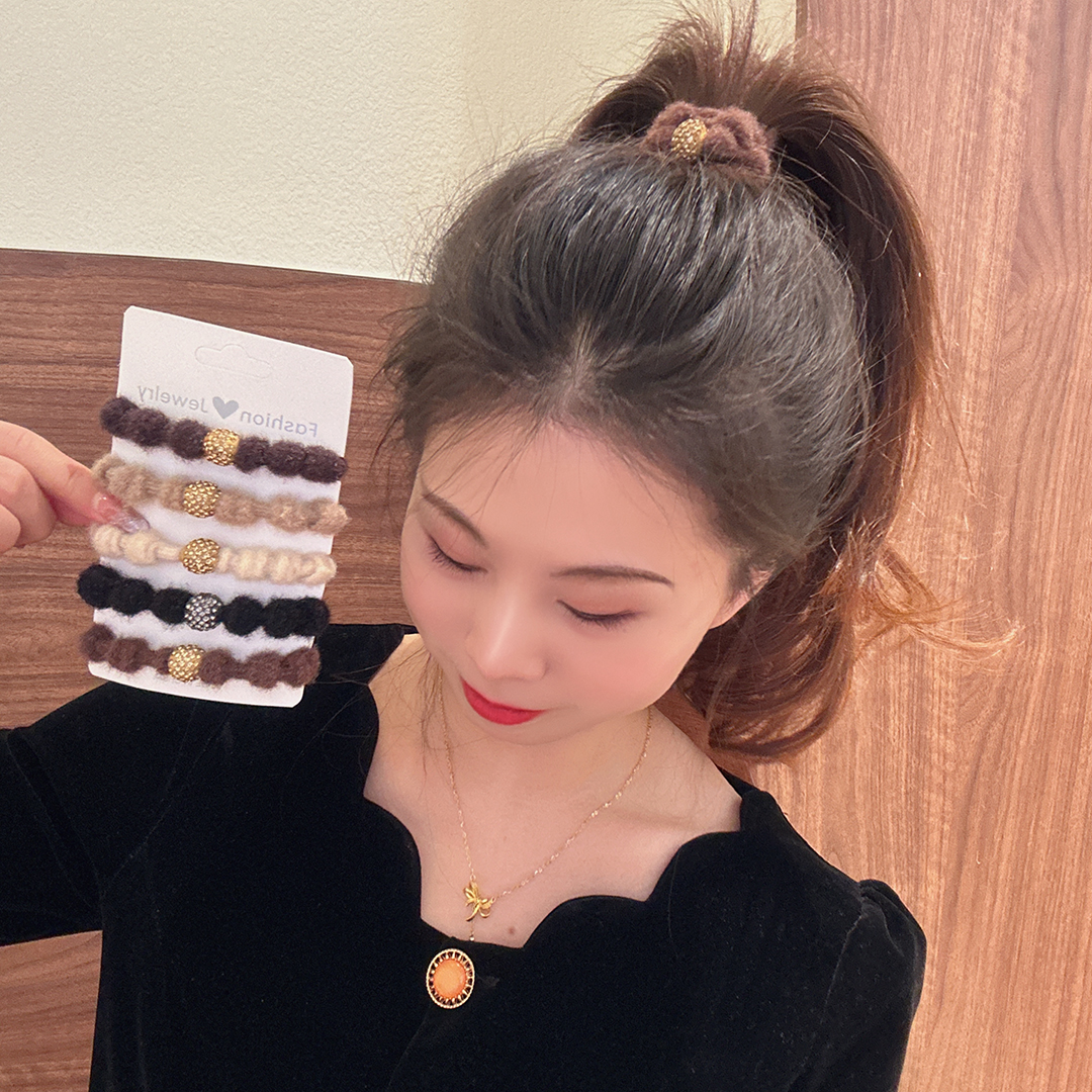 秋冬毛绒头绳女高级感水钻发圈扎高马尾丸子头发绳高弹力耐用皮筋